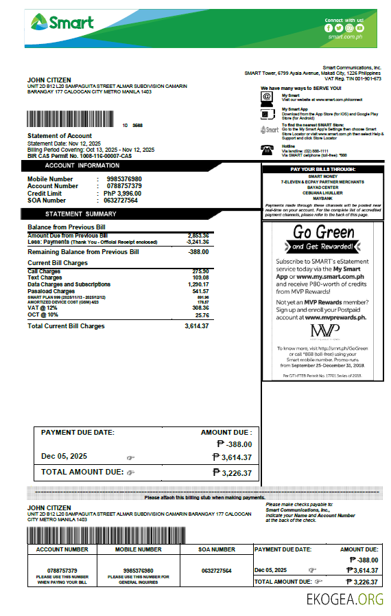 Philippines Smart utility bill template in Word and PDF formats, version 2